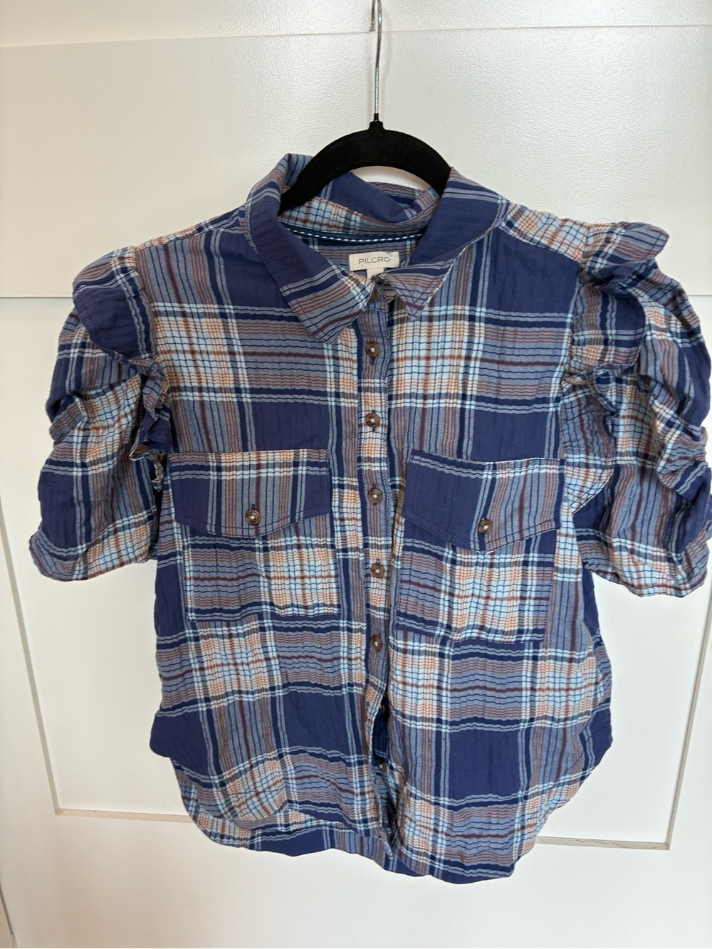 NWOT Anthropologie Pilcro Ozzi Plaid Ruffle-Sleeve Buttondown Shirt